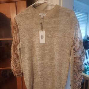 Current Air Beige Sweater with Floral Sleeves